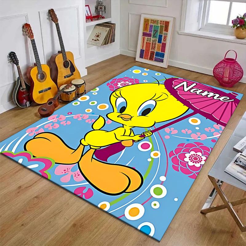 Custom Tweety Mat Personalized Name, Polyester Washable Indoor Entryway Rug, Gift for Christmas, Easter, Thanksgiving Day