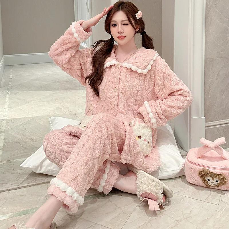 Plus Size Winter Women's Pajamas Set Sweet Flannel Home Clothes Thickened Fleece Lined Coral Fleece Warm Pajamas