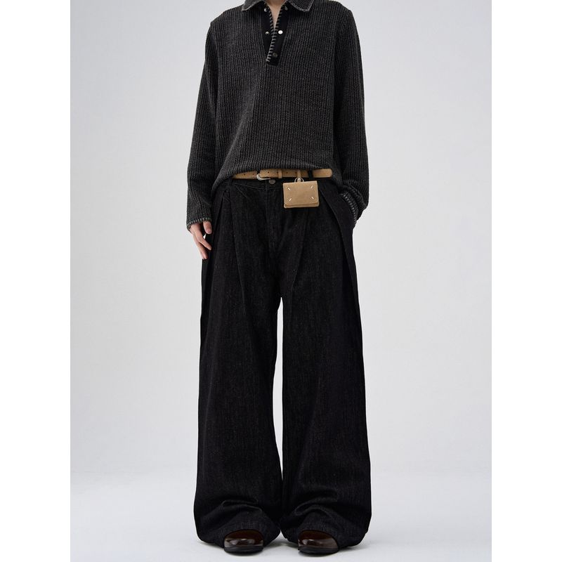 Kisko American Retro Pleated Wide-Leg Baggy Washed Denim Pants for Men and Women, High-End Loose Drape Pants Trendy