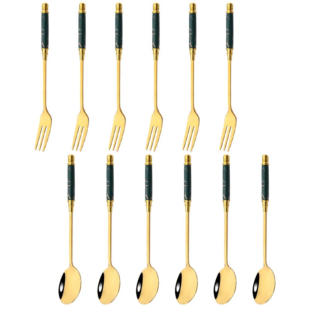 12Pcs Mini Fork Spoon Set For Fruit Cake Snack Stainless Steel Tea Fruit Fork Set Dessert Gold Salad Fork Spoon Dinnerware