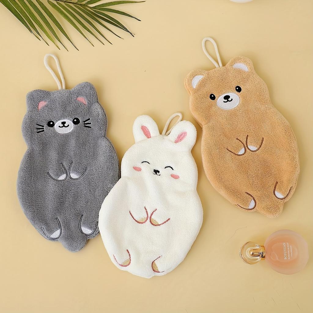 3pcs Ultra-Soft Coral Fleece Cartoon Hand Towels Quick-Dry Highly Absorbent Thickened Hanging Kitchen Towels Cute Bear Designs