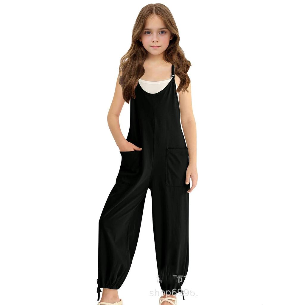 Mode für Mädchen (Mittelschule und ältere Kinder) Einfarbige lässige Latzhosen mit Taschen und Kordelzug hinten