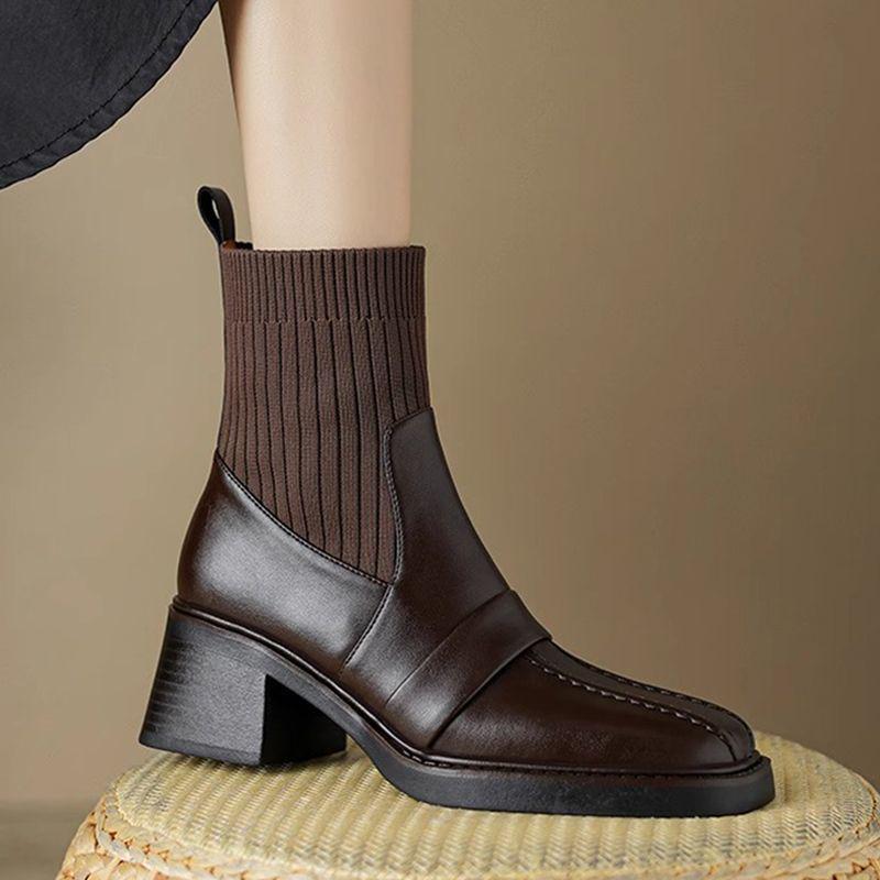 

European & American Style Square Toe Women s Martin Boots - Elastic, Mid-Calf, Chunky Heel, Non-Slip, Black or Brown Lining 38