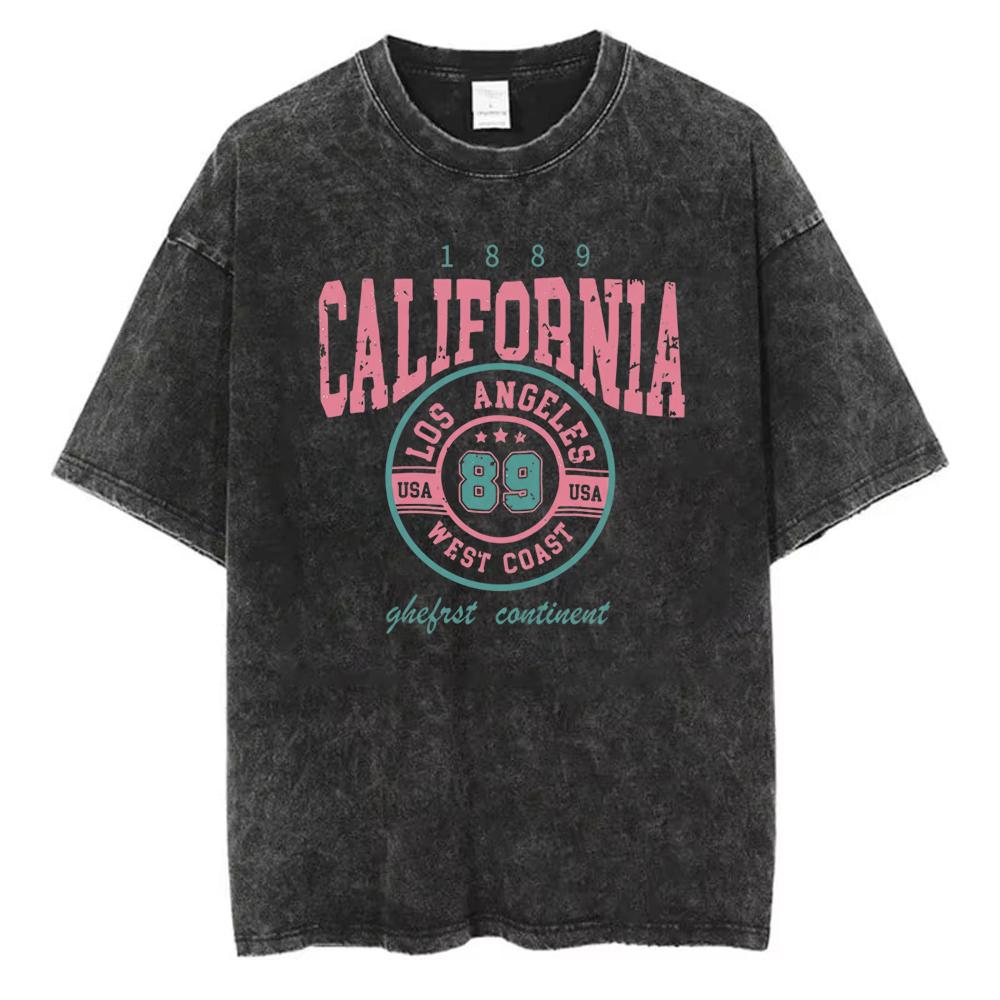 Vintage gewaschenes Baumwoll-T-Shirt Herren Kalifornien Los Angeles 89 Grafik-T-Shirt Retro Varsity-Stil Streetwear Säurewäsche Lockerer Sitz Oberteil