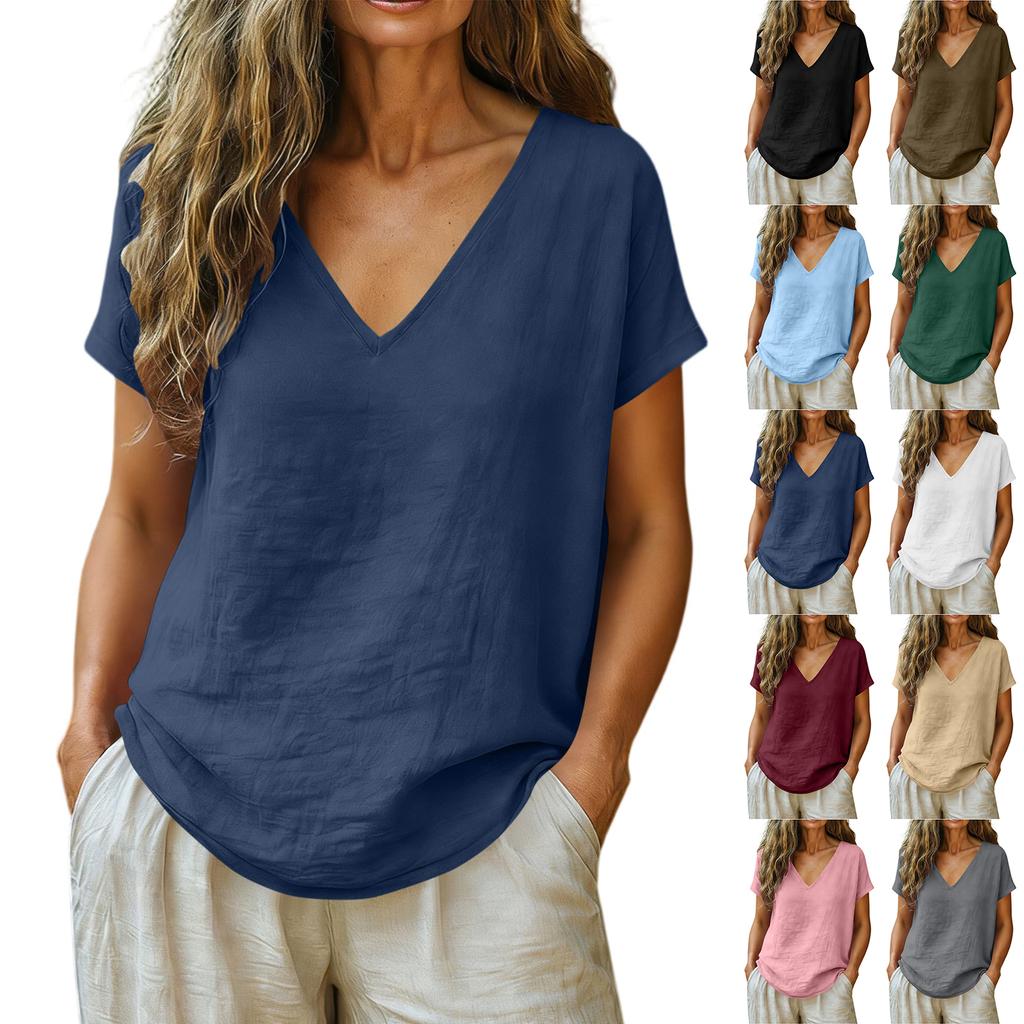 Top Pullover da Donna a Maniche Corte con Scollo a V, Vestibilità Rilassata, in Misto Cotone e Lino