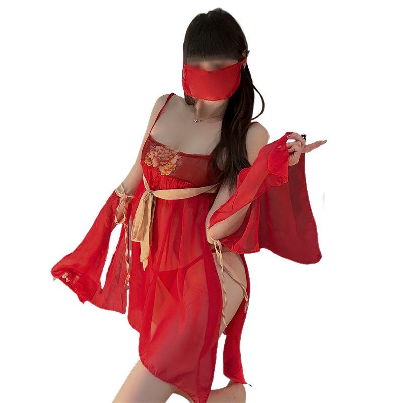 Sex Underwear Tang Style Retro Peony Sex Belly Pocket Set Silk Gauze Skirt Sexy Court Dance Skirt