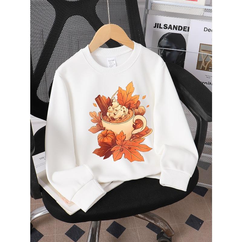 Kids Crewneck Sweatshirt, Fun "Autumn Pumpkin Spice Latte Print" Pattern,Daily Casual Top for Spring & Autumn