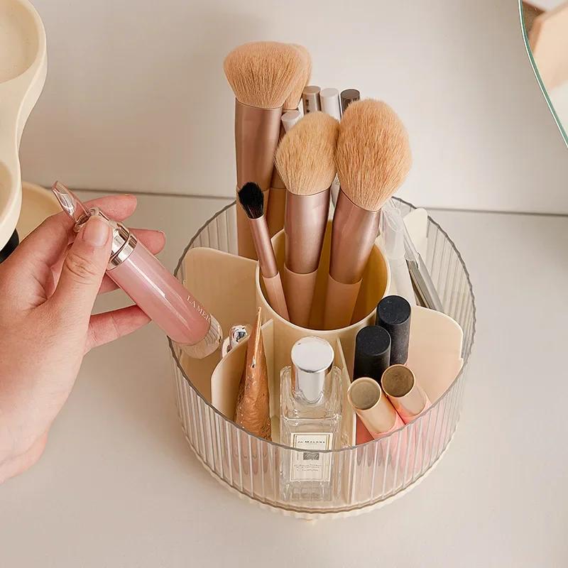 360 Rotating Makeup Brush Holder With Lid for Vanity Makeup Organizer Cosmetics Lipstick Storage Box Tools Cotton Swab Container