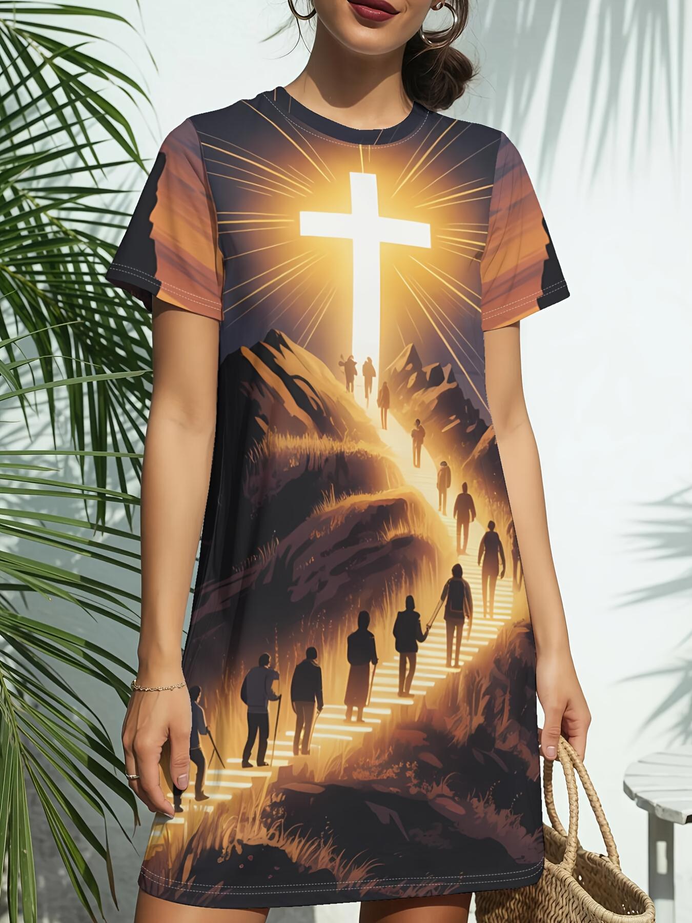 Mountain Cross Scene Women S New Round Neck Short Sleeve T-Shirt Dress. Featuring American Trendy Digital Prints. Perfect for Casual Wear in Spring An XS дубильная кора