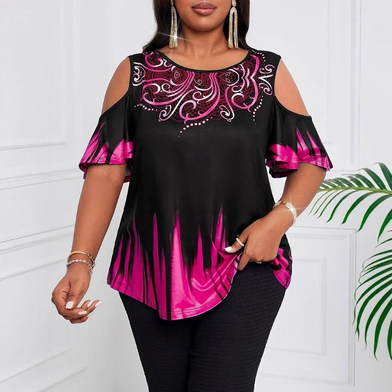 Plus Size Womens Short Sleeve Round Neck Off Shoulder Gradient Print T Shirt