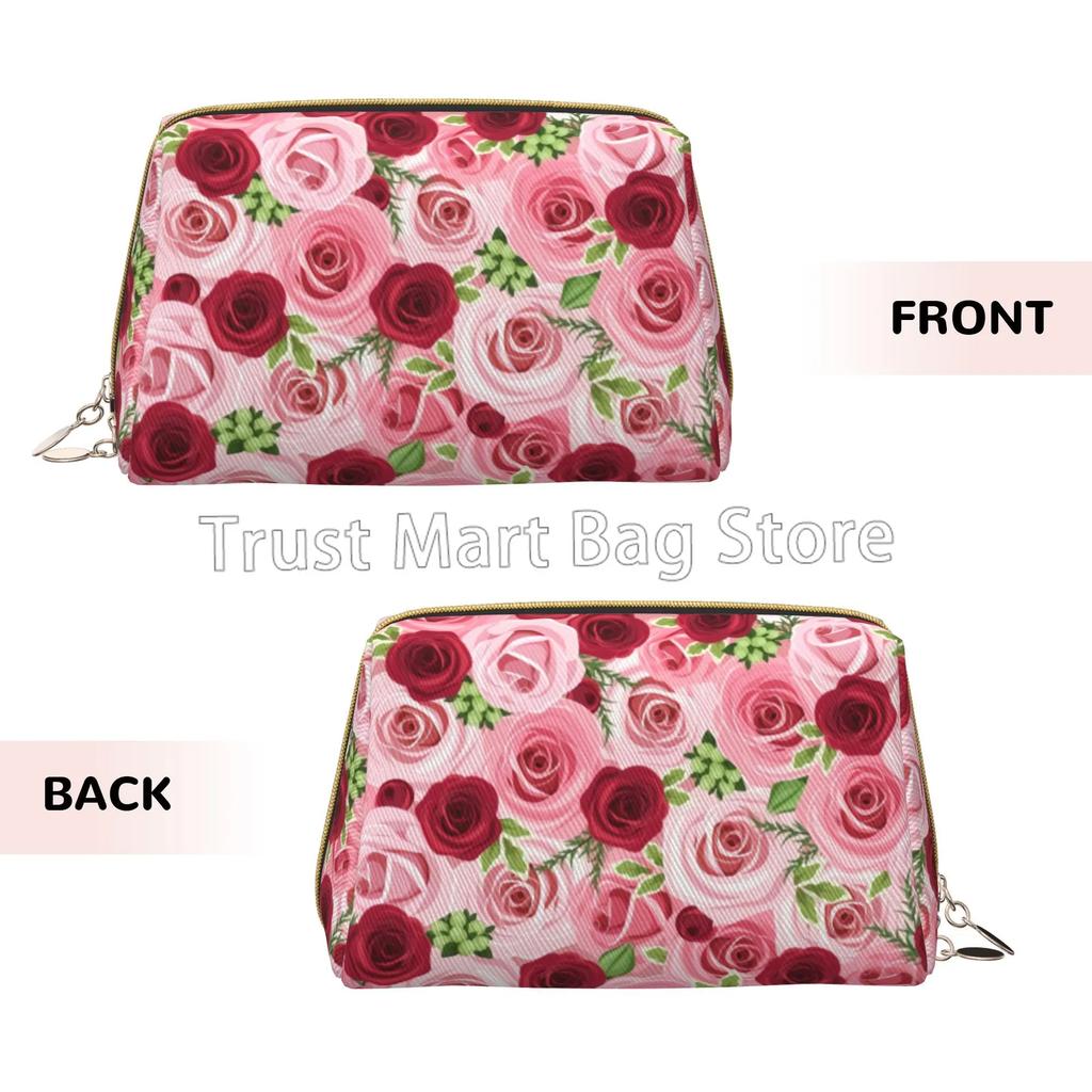 Pink Red Rose Print Large Travel Makeup Bag Pouch Cosmetic Bags Leather Waterproof Toiletry Bag for Women Valentine's Day Gifts