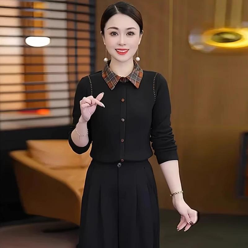 Autumn-Winter Polo Collar Plaid Long-Sleeve Slimming Mom s Base Layer Shirt 2XL чёрный