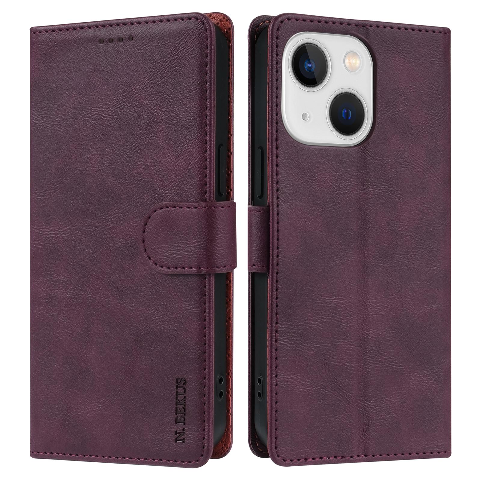 

N.BEKUS CSJ-001 For iPhone 15 Case Solid Color Leather Phone Cover with 3 Card Holder Wine Red