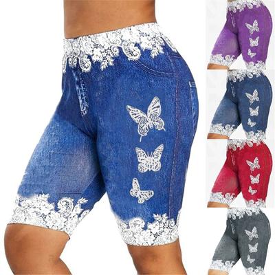 Damskie spodenki w stylu plus size, z chudym motylkiem, na co dzień Jeggings Faux Denim Jean Shorts
