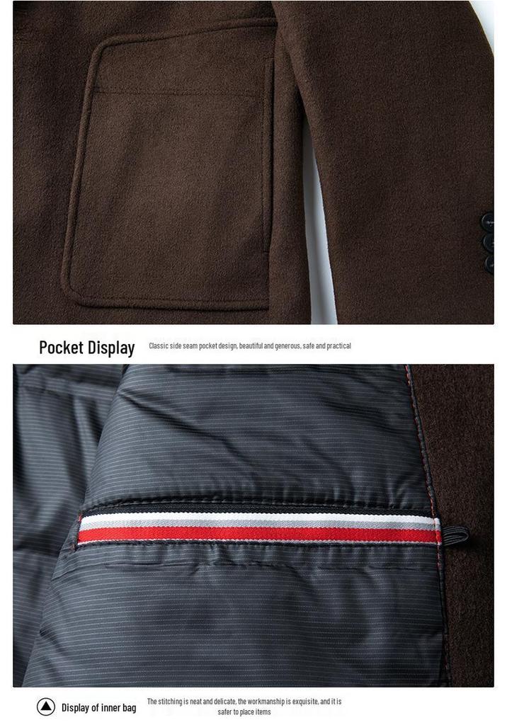 Men's Mid-Length Wool Blend Coat with Suit Collar and Down Liner for Autumn/Winter Business Fashion