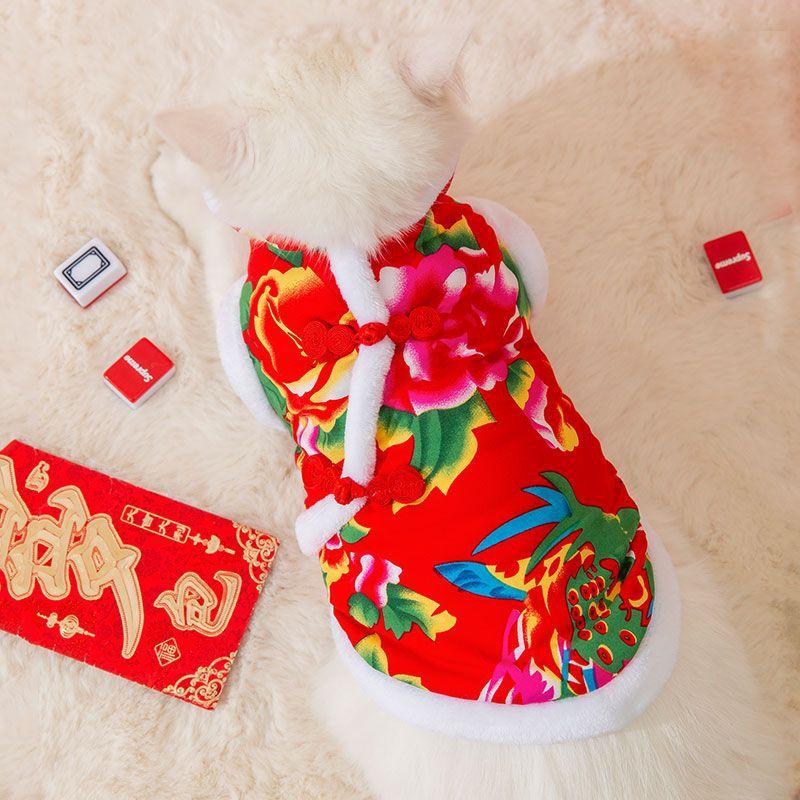 Big flower padded jacket cat clothes to keep warm in winter, thickened two feet into a cat kitten to prevent hair loss, puppy dog pet cat clothing