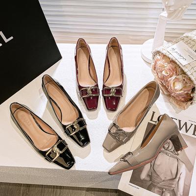 High Heels Women's Thick Heels Are Not Tired of Feet 2025 New Spring and Autumn Women's Shoes Patent Leather French Square Head Shallow Mouth Single