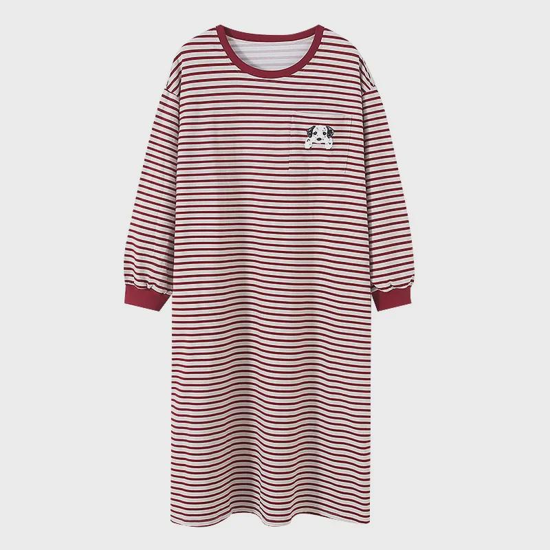 "High-End Striped Long-Sleeve Nightdress with Chest Pad for Women - Over-the-Knee, Large Size, Cotton, Spring to Summer"