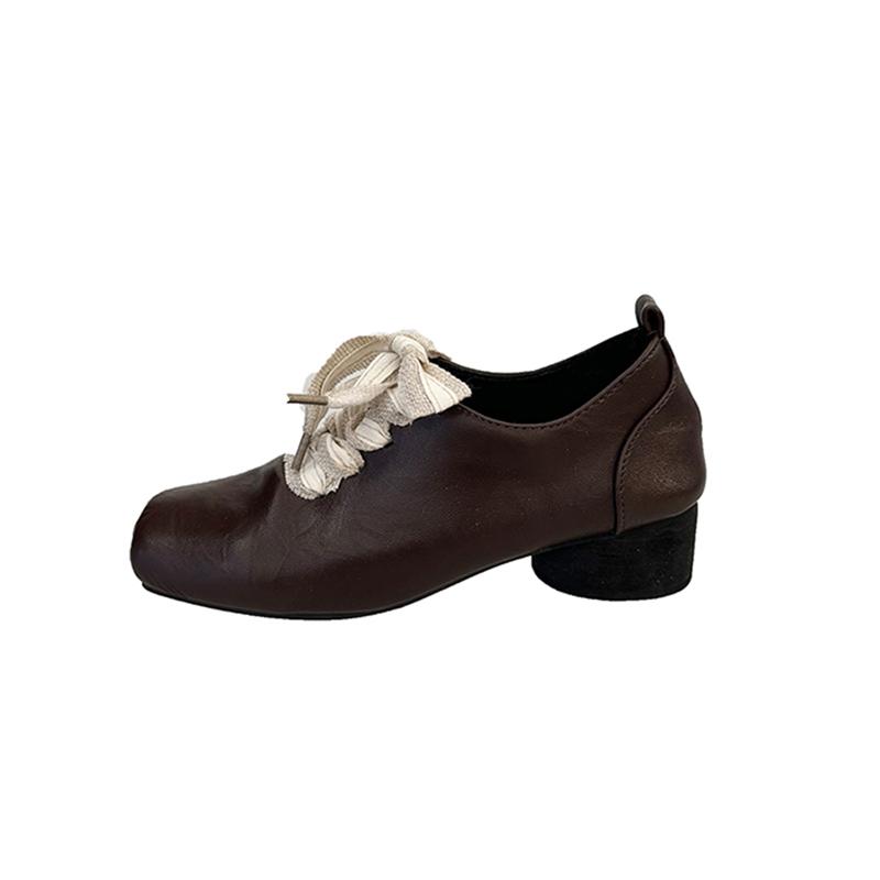 Fashion Autumn Vintage Lace Up Women Mary Jane Shoes Elegant Square Toe Party Dress Ladies Design Leather Pumps