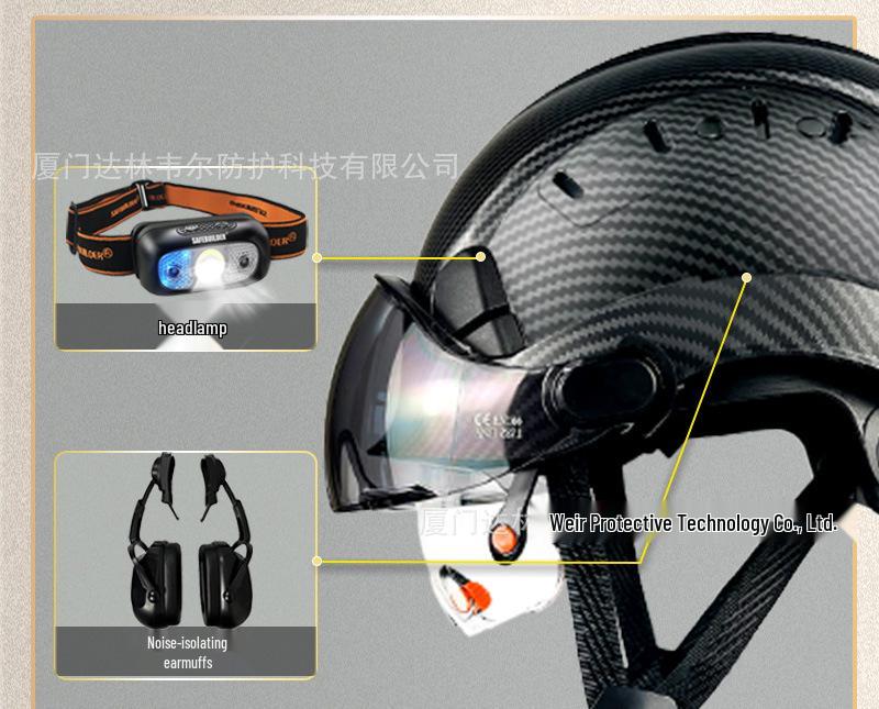 SAFEBUILDER Carbon Fiber Safety Helmet with Double-Layer Goggles for Construction Protection