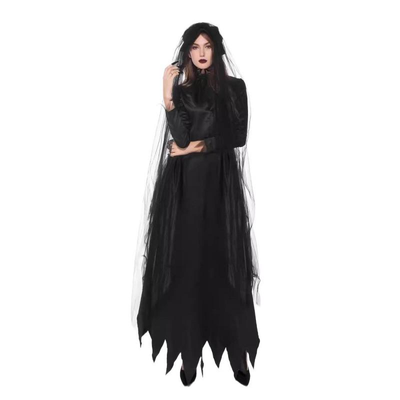Adult Dark Vampire Cosplay Costume Gothic Ghost Bride Witch Long Dress Halloween Role Play Party