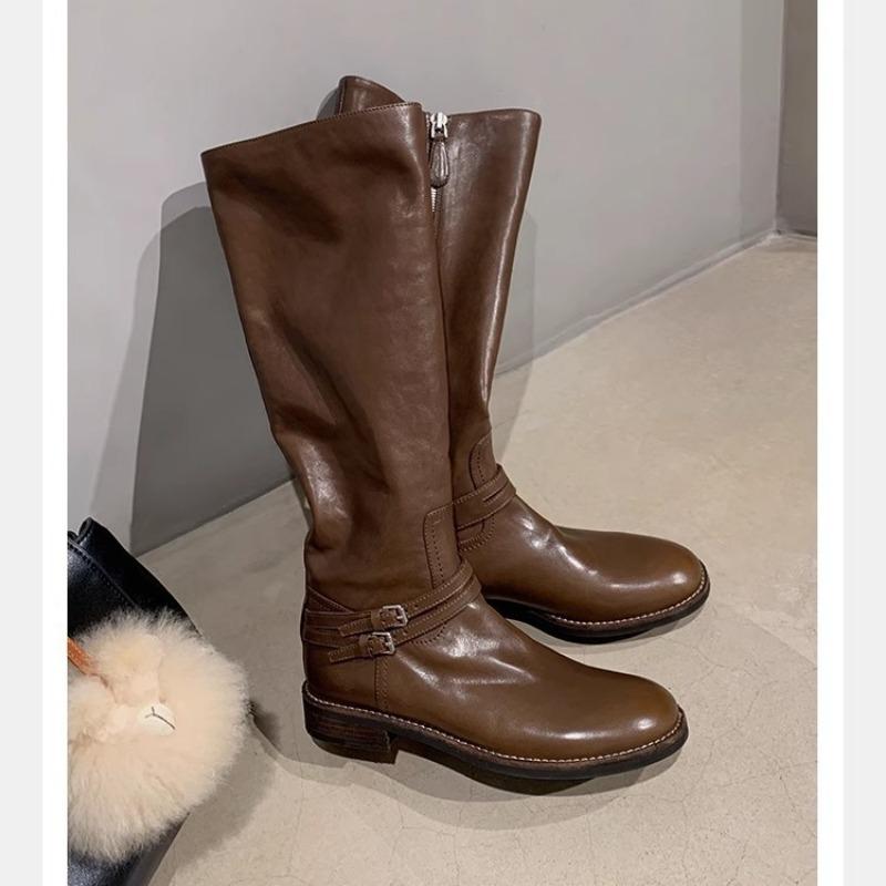 Cowhide~ Retro boots women's double buckle straps but knee boots side zipper thick heel knight boots