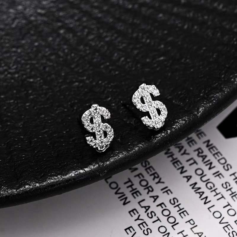 New Gothic Copper Zircon Dollar Symbol Stud Earring for Men Women Hip Hop Gold Color Plated Earrings Design Jewelry Gifts