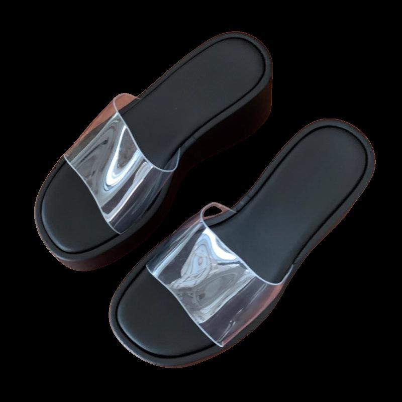 Thick Bottom Slope Heel Transparent Belt One-Word Slippers Outer Wear Summer Fashion Versatile Small Height Increase Sandals