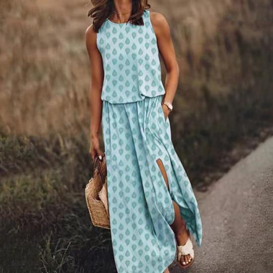 Damen Ärmelloses Maxi Kleid Lässig Rundhals Elastische Taille Schlitz Langes Kleid