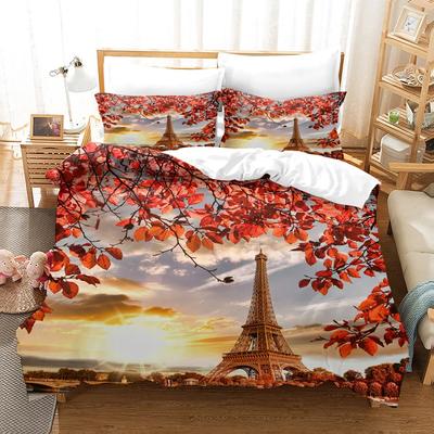 Juego de Funda Nórdica Paisaje Atardecer Tamaño King/Queen Torre Eiffel Paisaje Floral a la Luz del Sol Funda de Colcha de Poliéster para Adolescentes Adultos