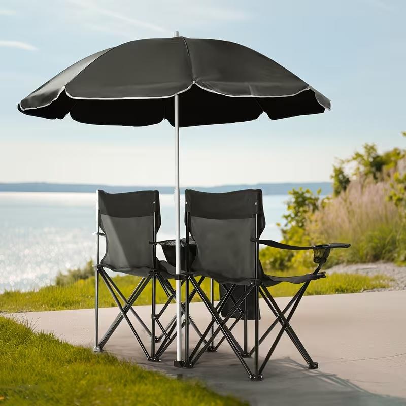 Double Fishing Chair with Umbrella, Oxford Fabric Outdoor Beach Chair, 187.39 lbs Load Capacity for Patio, Beach and Fishing