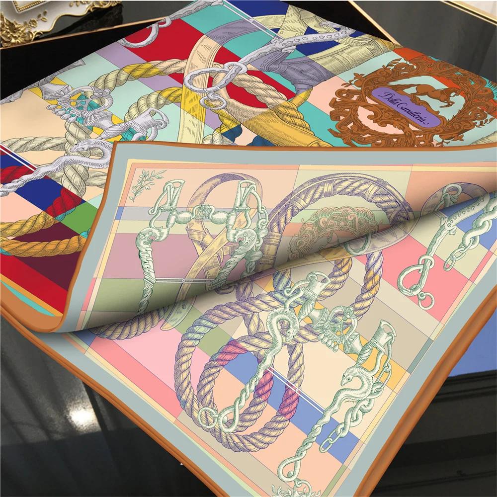 POBING Manual Hand Rolled Twill Silk Scarf Women Rope Double Side Print Square Scarves Wraps Echarpes Foulards Femme Hijab 90CM