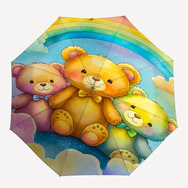 Teddy Bears, Rainbow- Automatic Umbrella, Four Seasons Portable Folding Umbrella, Suitable for Men and Women, Travel, Daily Compact Umbrella