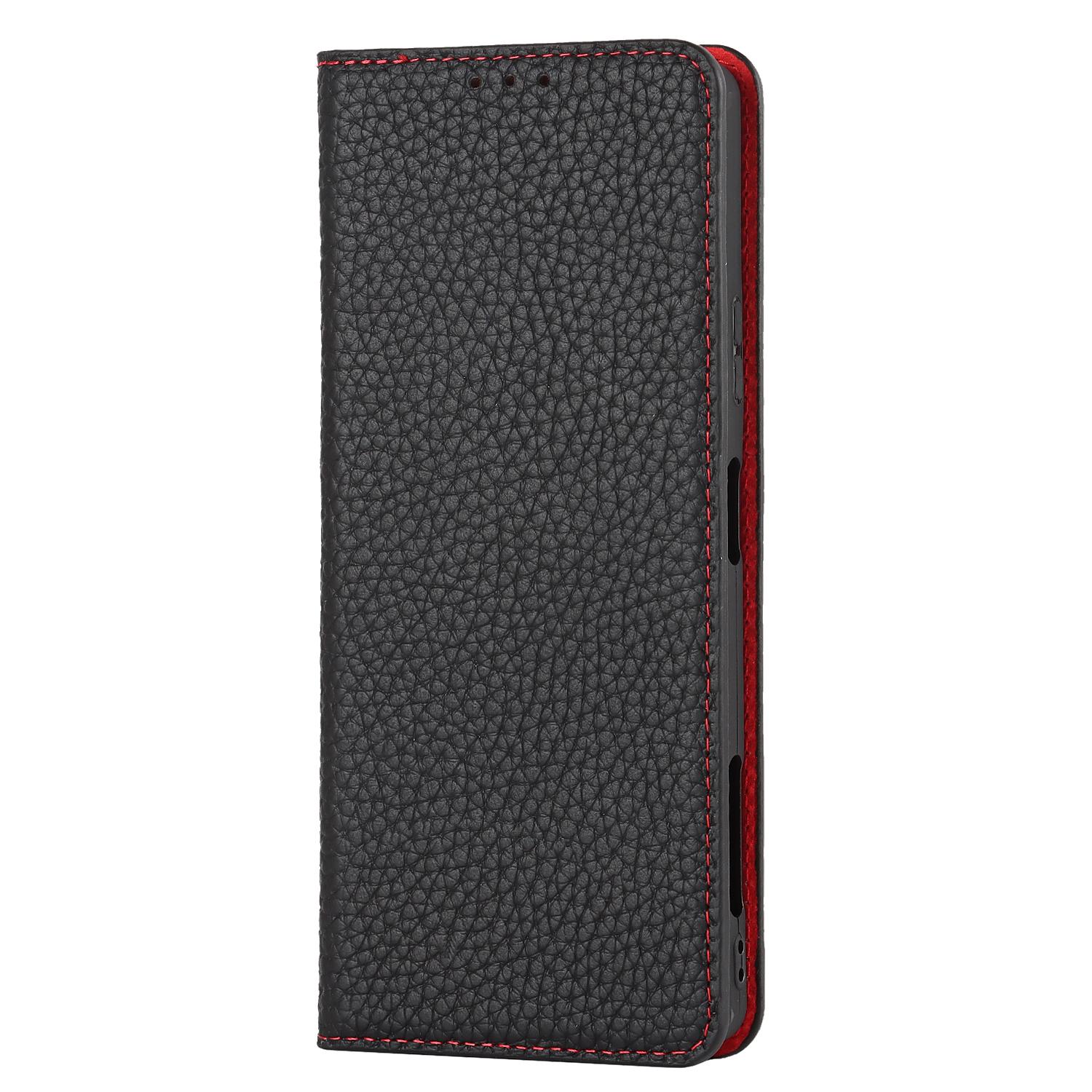 

For Sony Xperia Pro-I Full Body Protection Litchi Texture Genuine Leather Case Wallet Stand Flip Cover Shell with Strap Black