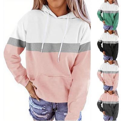Women's Casual Drawstring Loose Long Sleeve Color Block Hooded Top