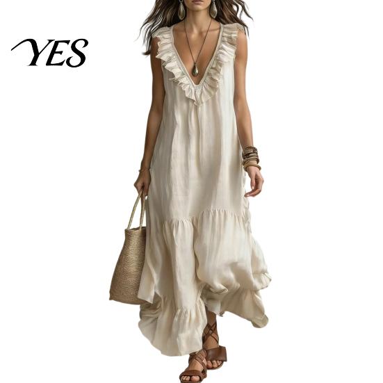 Versatile Daily Wear Dress Women's Deep V Neck Ruffle Trim Maxi Dress, Sleeveless Loose Lightweight Polyester Flowy Beach Sundress, Summer Casual