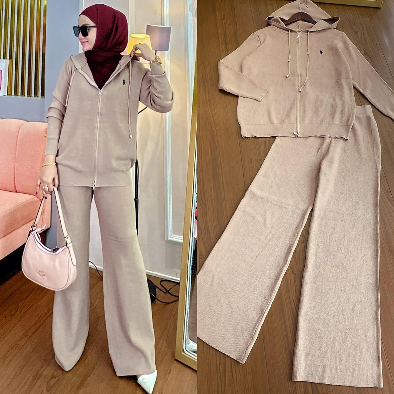 

Осенне-зимний трикотажный комплект: Мусульманский женский костюм с широкими брюками, двойка S хаки