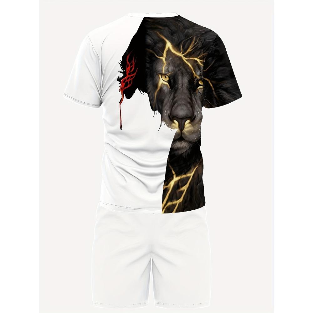Men's Suit Tiger-lion Print Street Casual Sports Children's Set with Short Sleeves and Shorts