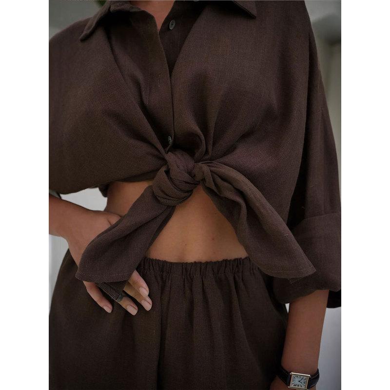 Tooxika Ladies Nova Camisa Solta de Algodão + Conjunto de Calças Largas