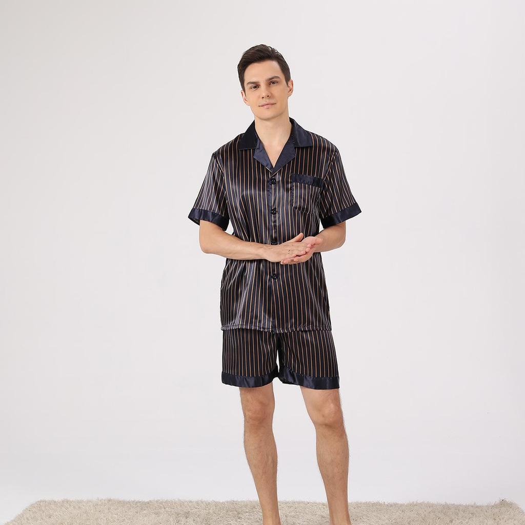 Men's Plus Size Summer Pajama Set: Loose European Fit, Lapel, Solid Color, Short Sleeve & Shorts