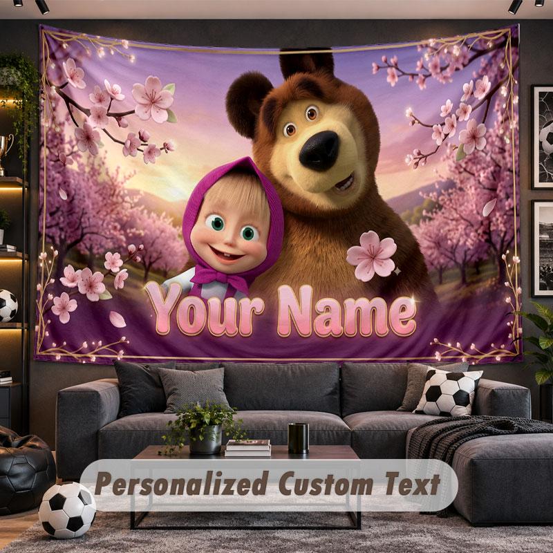 Wall Hanging Tapestry Custom NameMasha and the Bear Pattern Personalized Printed Fabric Wall Decor