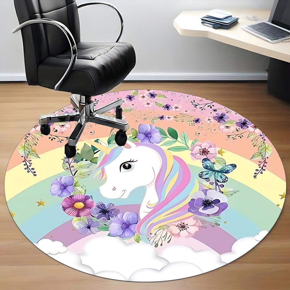 1pc Unicorn Rainbow Flowers Chair Carpet for Office, Round Polyester Mat, Indoor Decor for Office, Easycare Fabric, Washable Non-slip Area Carpet