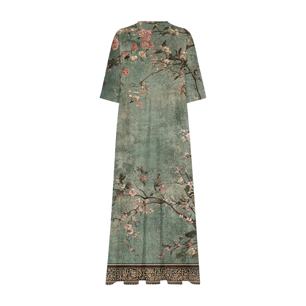 Women's Summer Fashion V-neck Retro Floral Print Short Sleeved Beach Dress With Lace Patchwork Dress