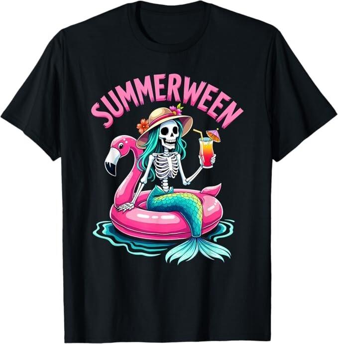 

Summerween Mermaid Skeleton Beach Flamingo Halloween Girl T-Shirt 3XL