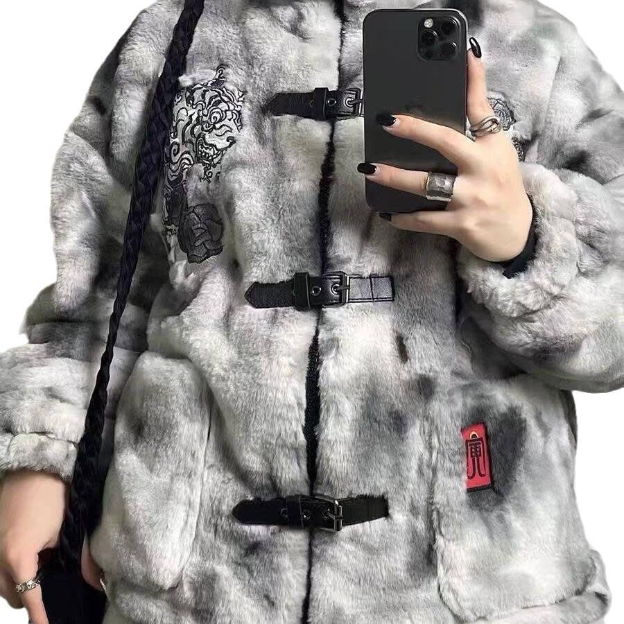 Dark Style Sheyin Faux Rabbit Fur Coat - Quirky Embroidered Stand-Up Collar for Autumn/Winter