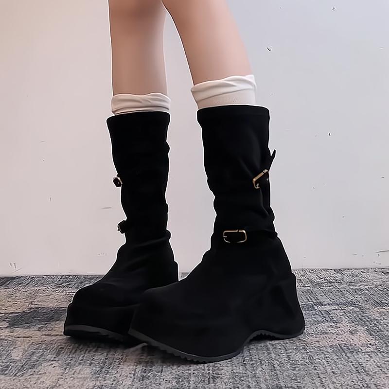 Fashion Autumn Winter Vintage Thick Sole Women Mid Calf Boots Fashion Round Toe Stripper Party Shoes Stretch Slim Botas Para Mujer