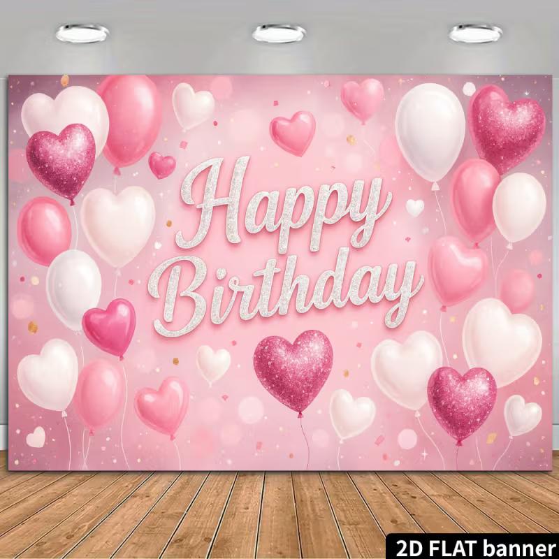 2D Cute Pink Heart Glitter Happy Birthday Backdrop Banner Party Decoration