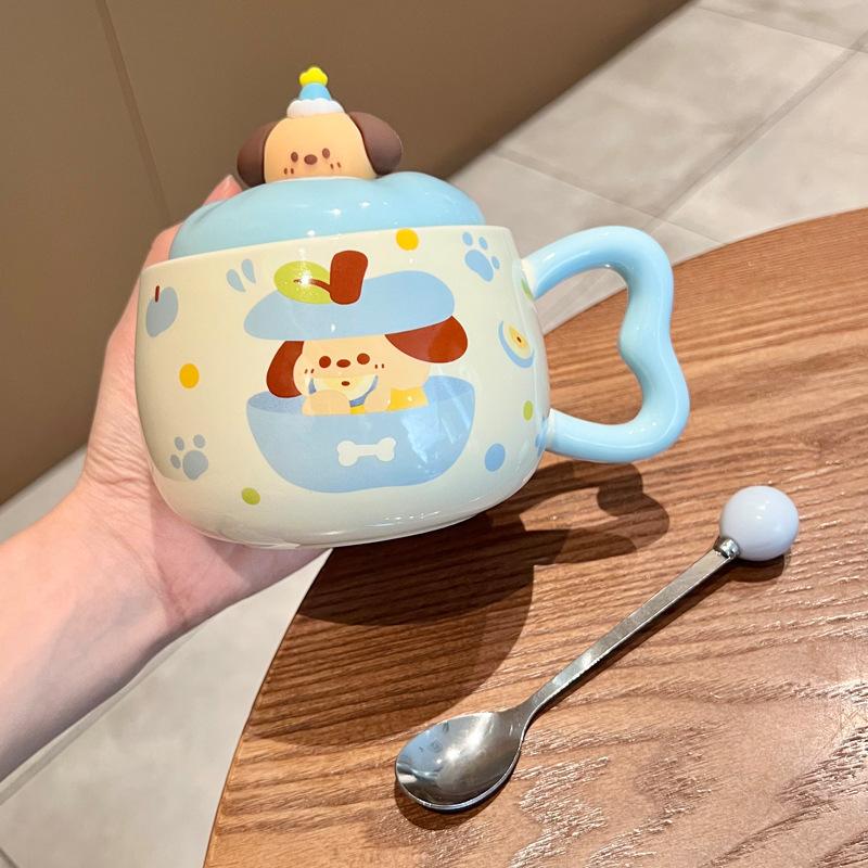 Apple Puppy Water Cup Super Beautiful Rabbit Ceramic Cup with Lid Spoon Couple Mug for Girls' Birthday Gift