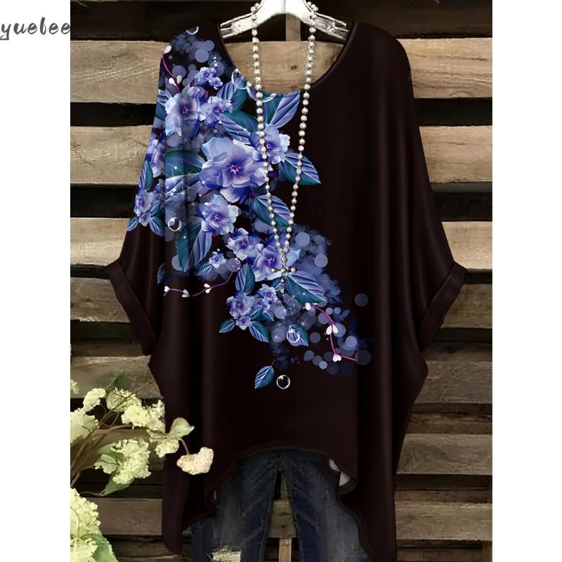 2025 Camiseta Elegante Bohemia para Mujer Estampado Floral de Mariposas Dobladillo Asimétrico Cuello Redondo Versátil y Lavable a Máquina Verano
