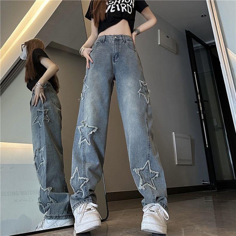 Star-Print Jeans for Women - High-Waisted Slimming Loose Straight-Wide-Leg Versatile Casual Trousers
